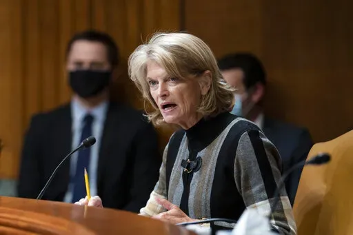 Sen. Lisa Murkowski, R-Alaksa, questions Commerce Secretary Gina Raimondo during a Senate Appropriations Subcommittee on Commerce, Justice, Science, and Related Agencies hearing on expanding broadband access, Tuesday Feb. 1, 2022, on Capitol Hill in Washington. (Sarah Silbiger/The New York Times via AP, Pool)