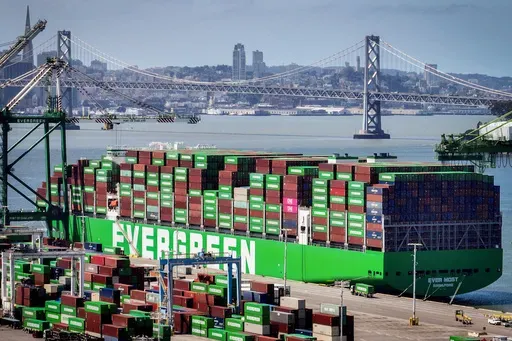 A ship with cargo is docked at The Port of Oakland in Oakland, Calif., Thursday, April 3, 2025. (Bronte Wittpenn/San Francisco Chronicle via AP)