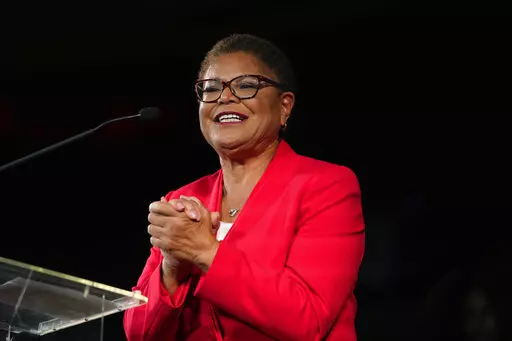 Los Angeles mayoral candidate Rep. Karen Bass, D-Calif., speaks at an election night party in Los Angeles, Tuesday, Nov. 8, 2022. (AP Photo/Jae C. Hong)