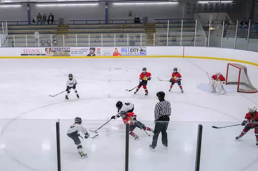 CORRECTS SPELLING FROM ORNO TO ORONO - Players on the Minneapolis, white and black uniforms, and Orono, red uniforms, teams compete in a 10-and-under youth hockey game Feb. 4, 2024, in Minneapolis. (AP Photo/Abbie Parr)