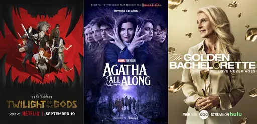This combination of images shows promotional art for the Netflix series "Twilight of the Gods," left, the Disney+ series "Agatha All Along," center, and ABC's "The Golden Bachelorette." (Netflix/Disney+/ABC via AP)