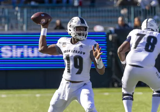 Team Gaither quarterback Geremy Hickbottom (19), of Tennessee State, throws a pass against Team Robinson during the first half of the HBCU Legacy Bowl NCAA college football game in New Orleans, Saturday, Feb. 19, 2022. (AP Photo/Derick Hingle)