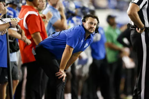 Memphis coach Ryan Silverfield looks up at the scoreboard during the team's NCAA college football game against Tulane on Friday, Oct. 13, 2023, in Memphis, Tenn. (Chris Day/The Commercial Appeal via AP)
