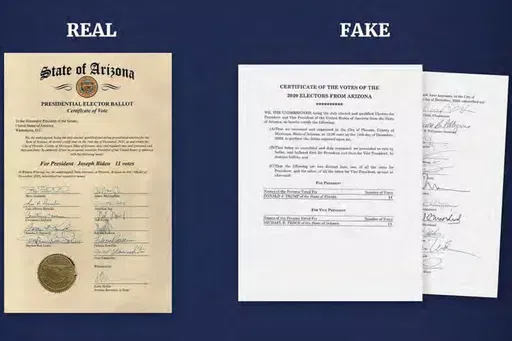 This image released in the final report by the House select committee investigating the Jan. 6 attack on the U.S. Capitol, on Dec. 22, 2022, shows a graphic that illustrates the difference between real and fake Presidential Elector Ballots from Arizona. An Arizona grand jury's indictment of 18 people who either posed as or helped organize a slate of electors claiming Donald Trump won the state in 2020 could help shape the landscape of challenges to the 2024 election. (House Select Committee via 