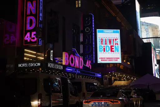 A marquee promoting a fundraiser with President Joe Biden is on display outside the Lunt-Fontanne Theatre in New York, Monday, Sept. 18, 2023. With an election year around the corner, Biden is accelerating his fundraising to prepare for an astronomically expensive campaign. (AP Photo/Susan Walsh, File)