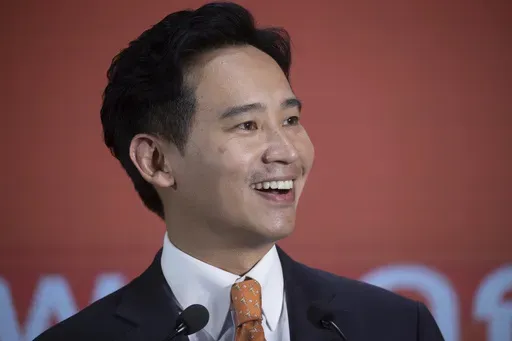 Pita Limjaroenrat, leader of Move Forward Party, speaks to media as he announces the victory in Sunday's general election at the party's headquarters in Bangkok Monday, May 15, 2023. Ballots tallied Monday showed voters in Thailand wanted change after nine years under a former general who took power in a coup, with the main opposition parties easily besting other contenders in the general election. (AP Photo/Wason Wanichakorn)