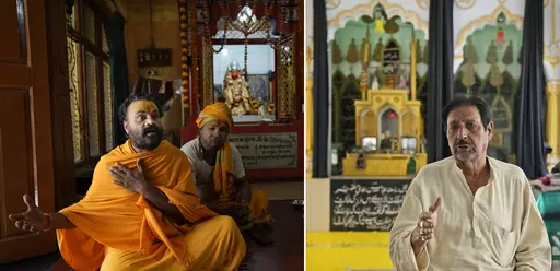 In this two picture combo, on left, Hindu priest Swami Ram Das ,48, expresses his views sitting in his ashram, Wednesday, March 29, 2023, and on right, Muslim community leader Syed Mohammad Munir Abidi, 68, talks sitting in a Mosque on Tuesday March 28, 2023, in Ayodya, India. Abidi and Das are two ordinary citizens living in one city in a country of more than 1.4 billion people that is on the cusp of becoming the world's most populated nation. Together they embody the opposing sides of a deeply