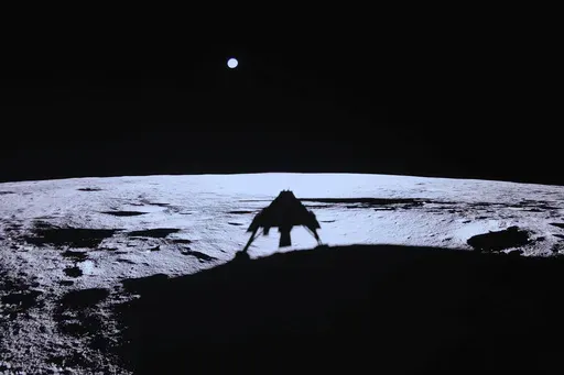 Private lunar lander Blue Ghost's shadow is seen on the moon's surface after touching down on the moon with a special delivery for NASA, Sunday, March 2, 2025. (NASA/Firefly Aerospace via AP)