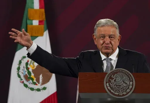 Mexican President Andres Manuel Lopez Obrador gives his regularly scheduled morning press conference at the National Palace in Mexico City, Tuesday, Feb. 28, 2023. (AP Photo/Marco Ugarte)