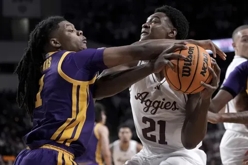 Texas A&M forward Pharrel Payne (21) is fouled by LSU guard Jordan Sears (1) during the first half of an NCAA college basketball game Saturday, Jan. 18, 2025, in College Station, Texas. (AP Photo/Sam Craft)