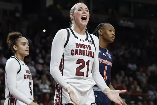 South Carolina forward Chloe Kitts (21) reacts after being charged with a foul during the second half of an NCAA college basketball game against Auburn in Columbia, S.C., Sunday, Feb. 2, 2025. (AP Photo/Nell Redmond)