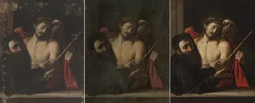 This combination of photos provided by the Prado Museum on Monday May 6, 2024 shows the restoration work on Caravaggio's "Ecce Homo". Spain's Prado Museum has confirmed that a painting that was due to be auctioned in Madrid in 2021 is in fact a work by Italian Baroque master Michelangelo Merisi da Caravaggio that was considered lost. (Prado Museum, via AP)