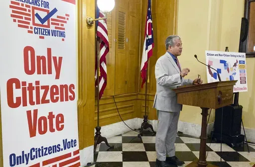 Luis Gil, a Republican candidate for Franklin County Commissioner in central Ohio, speaks in favor of a constitutional amendment on fall ballots that would prohibit noncitizen voting at the Ohio Statehouse in Columbus, Ohio, on, Oct. 6, 2022. (AP Photo/Julie Carr Smyth, File)