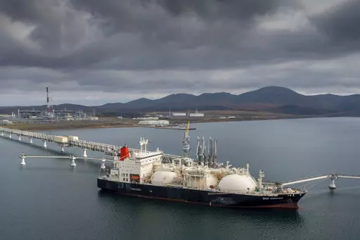 The tanker Sun Arrows loads its cargo of liquefied natural gas from the Sakhalin-2 project in the port of Prigorodnoye, Russia, on Friday, Oct. 29, 2021. Europe's natural gas woes are far from over in Jan. 2022. Prices are high. Underground reserves that are relied on in cold weather are low. Russia's state-owned Gazprom isn't selling as much spot gas as it used to. The pipeline operators have told the European Union's executive commission that if there's a cold winter, the continent's gas compa