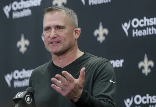 Darren Rizzi, New Orleans Saints interim head coach, talks with the media at the teams training facility in Metairie, La., Monday, Nov. 4, 2024. The New Orleans Saints fired coach Dennis Allen on Monday, a day after a loss at last-place Carolina extended the Saints' losing streak to seven games — their longest since 1999. (David Grunfeld/The Times-Picayune/The New Orleans Advocate via AP)