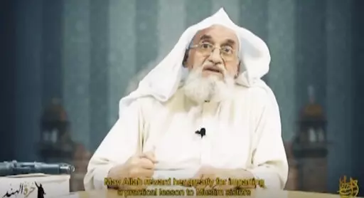This image taken from a video issued by as-Sahab, al-Qaida's media branch, on April 5, 2022, shows Al-Qaeda leader Ayman al-Zawahri speaking. In the rare video, al-Zawahri praises Muskan Khan, an Indian Muslim woman who in February defied a ban on hijab wearing, revealing the first proof in months that he is still alive. (as-Sahab via AP)