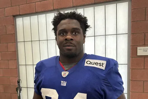New York Giants defensive tackle Elijah Chatman is pictured after practice, Tuesday, Aug. 20, 2024, at the Giants facility in East Rutherford N.J. (AP Photo/Tom Canavan)