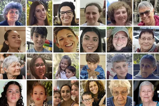 This combination of undated images shows residents of Kibbutz Nir Oz who have been freed from Hamas captivity in the Gaza Strip, where they had been held hostage since an Oct. 7 cross-border attack. Top row from left: Adina Moshe, Sapir Cohen, Ofelia Roitman, Irena Tati, Yelena Trupanov, Ada Sagi. Second row from left: Sahar Kalderon and her brother Erez Kalderon, Liat Atzili, Ilana Gritzewsky, Shani Goren, Channa Peri. Third row from left: Yaffa Adar, Nili Margalit, sisters Aviv, right, and Raz