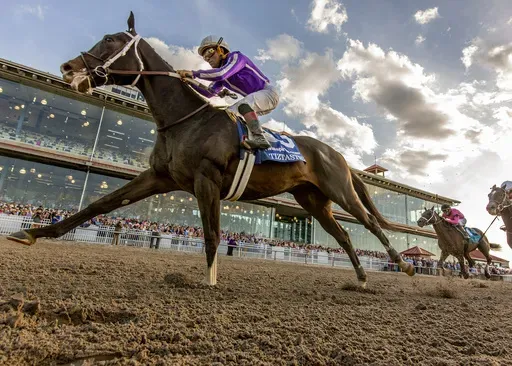 In a photo provided by Fair Grounds Race Course, Tiztastic with Joel Rosario aboard wins the 112th running of the Louisiana Derby horse race at Fair Grounds Race Course in New Orleans, Saturday, March 22, 2025. (Amanda Hodges Weir/Hodges Photography/Fair Grounds via AP)