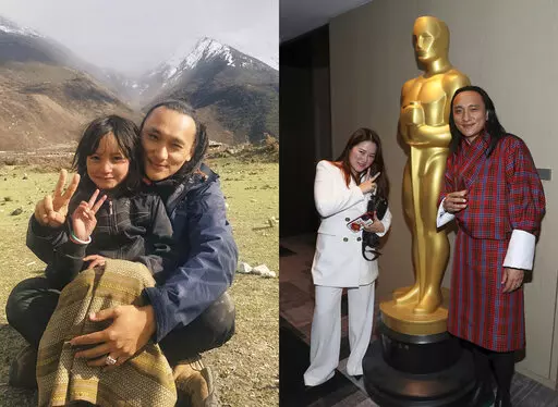 Filmmaker Pawo Choyning Dorji, poses with Pem Zam on the set of "Lunana: A Yak in the Classroom," left, and  Stephanie Lai and Dorji attend the 94th Academy Awards nominees luncheon in Los Angeles on March 7, 2022. Dorji's film "Lunana: A Yak in the Classroom" is nominated for best international feature. (Photo by Danny Moloshok/Invision/AP, File)