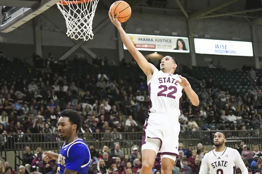 Mississippi State forward RJ Melendez (22) shoots against McNeese State during the second half of an NCAA college basketball game in Tupelo, Miss., Saturday, Dec. 14, 2024. Mississippi State won 66-63. (AP Photo/Bruce Newman)