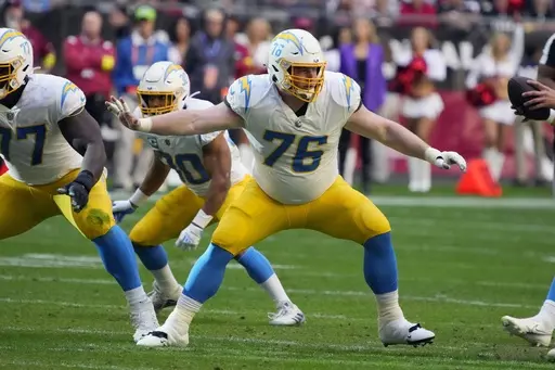 Los Angeles Chargers center Will Clapp (76) during the first half of an NFL football game against the Arizona Cardinals, Sunday, Nov. 27, 2022, in Glendale, Ariz. The Buffalo Bills shored up their interior offensive line depth by signing free agent Will Clapp to a one-year contract on Friday., March 22, 2024. (AP Photo/Rick Scuteri, File)