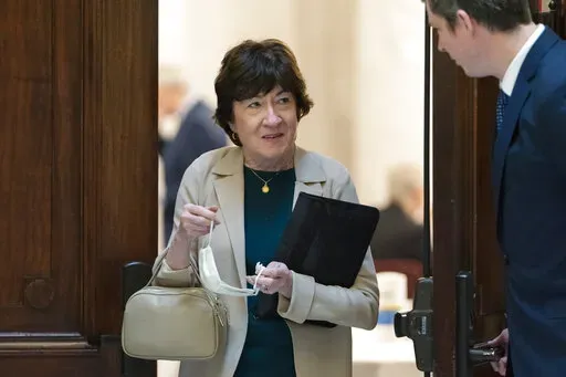 Sen. Susan Collins, R-Maine, leaves a policy luncheon, on Feb., 17, 2022, on Capitol Hill in Washington. President Joe Biden and Senate Democrats say they are hoping for a bipartisan vote to confirm Ketanji Brown Jackson to the Supreme Court. (AP Photo/Jacquelyn Martin, File)