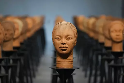 Sculptures created by French artist Prune Nourry, Inspired by ancient Nigerian Ife terracotta heads, titled "Statues Also Breathe," and representing the remaining 108 Chibok still in captivity are displayed in Lagos, Nigeria, Tuesday, Dec. 13, 2022. On April 14, 2014, Boko Haram stormed the Government Girls Secondary School in the Chibok community in Borno state and forcefully took the girls as they prepared for science exams, sparking the #BringBackOurGirls social media campaign that involved c