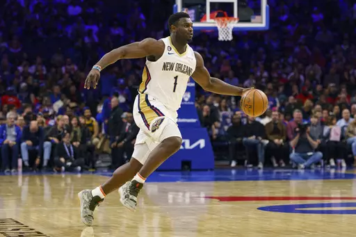 New Orleans Pelicans' Zion Williamson drives with the ball during the NBA basketball team's game against the Philadelphia 76ers on Jan. 2, 2023, in Philadelphia. Williamson, his stepfather and his mother allegedly have failed to pay back $1.8 million of a $2 million loan from a California-based technology company. In a civil lawsuit filed this week in U.S. District Court in New Orleans, Ankr PBC stated that it made the loan in September 2021 to Williamson and family members while in the midst of