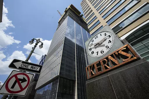 The new 685-foot tall tower under construction on the former Hudson's site is seen, Friday, July 7, 2023, in Detroit. On July 18, 2013, a state-appointed manager made Detroit the largest U.S. city to file for bankruptcy. A decade later, the Motor City has risen from the ashes of insolvency, with balanced budgets, revenue increases and millions of dollars socked away. (AP Photo/Carlos Osorio)