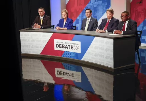 John Schroder, Sharon Hewitt, Stephen Waguespack, Hunter Lundy and Shawn Wilson take part in the first televised debate of the Louisiana governor's race in New Orleans, Thursday, Sept. 7, 2023. (Sophia Germer/The Times-Picayune/The New Orleans Advocate via AP, Pool)
