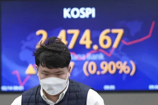 A currency trader walks by the screen showing the Korea Composite Stock Price Index (KOSPI) at a foreign exchange dealing room in Seoul, South Korea, Tuesday, Feb. 14, 2023. Asian shares mostly rose Tuesday, boosted by a rally on Wall Street, as investors waited for U.S. consumer price data due out later in the day. (AP Photo/Lee Jin-man)