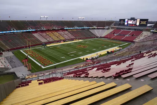 Jack Trice Stadium is viewed before an NCAA college football game between Iowa State and West Virginia, Nov. 5, 2022, in Ames, Iowa. Iowa State University said it is aware of online sports wagering allegations involving approximately 15 of its athletes from the sports of football, wrestling and track & field in violation of NCAA rules. (AP Photo/Charlie Neibergall, File)