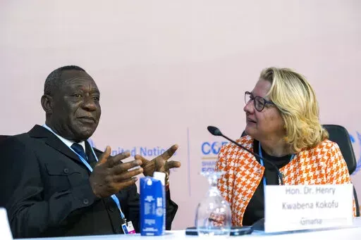 Henry Kwabena Kokofu, of Ghana, left, and Svenja Schulze, of Germany, talk at a session at the COP27 U.N. Climate Summit, Monday, Nov. 14, 2022, in Sharm el-Sheikh, Egypt. (AP Photo/Peter Dejong)