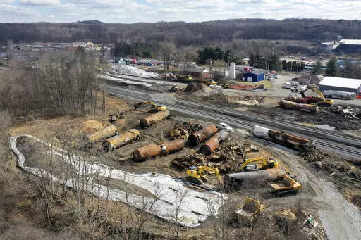 A view of the scene Feb. 24, 2023, as the cleanup continues at the site of of a Norfolk Southern freight train derailment that happened on Feb. 3 in East Palestine, Ohio. Pennsylvania Gov. Josh Shapiro said Monday, March 6, 2023 that Norfolk Southern has pledged several million dollars to cover the cost of the response and recovery in Pennsylvania after last month's derailment of a train carrying toxic chemicals just across the border in Ohio. (AP Photo/Matt Freed, file)