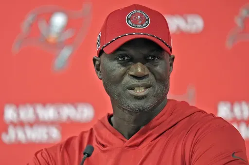 Tampa Bay Buccaneers head coach Todde Bowles speaks during a news conference after an NFL football game against the Denver Broncos Sunday, Sept. 22, 2024, in Tampa, Fla. (AP Photo/Chris O'Meara)