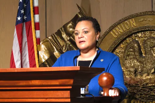 Then-state Sen. Karen Carter Peterson, D-New Orleans, speaks on Jan. 20, 2021, in Baton Rouge, La. The former Louisiana legislator and state Democratic Party leader will plead guilty to a charge of wire fraud, her attorney said Thursday, July 14, 2022. (AP Photo/Melinda Deslatte, File)