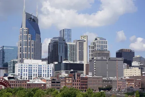 The Nashville, Tenn., skyline is seen on July 11, 2022. For weeks, neo-Nazis have made repeat appearances in Nashville, livestreaming antisemitic antics for shock value. (AP Photo/Mark Humphrey, File)