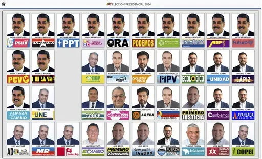 This image provided by Venezuela's National Electoral Council (CNE) shows the presidential election ballot ahead of the July 28, 2024 election. (CNE via AP)