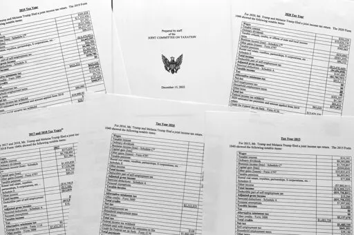 Information on former President Donald Trump's tax returns, released in a staff report by the Joint Committee on Taxation, are photographed Wednesday, Dec. 21, 2022. (AP Photo/Jon Elswick)