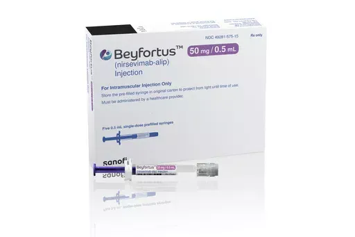 This illustration provided by AstraZeneca depicts packaging for their medication Beyfortus. U.S. officials have approved a new long-acting drug to protect babies and toddlers against a respiratory virus that causes thousands of hospitalizations each year. The Food and Drug Administration on Monday, July 17, 2023 approved the injection for infants and children up to 2 years old. (AstraZeneca via AP)