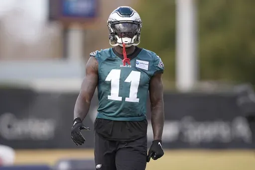 Philadelphia Eagles wide receiver A.J. Brown (11) runs through drills during an NFL football practice Thursday, Feb. 6, 2025, in New Orleans, ahead of Super Bowl 59 against the Kansas City Chiefs. (AP Photo/Gerald Herbert)