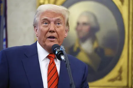 President Donald Trump speaks before Pam Bondi is sworn in as Attorney General by Supreme Court Associate Justice Clarence Thomas, in the Oval Office of the White House, Wednesday, Feb. 5, 2025, in Washington. (AP Photo/Evan Vucci)