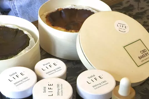 In this image made from a video, cheesecakes made with CBD, CBD powder and water-soluble CBD sold by the CBD Bakery online shop are seen in Hong Kong, Monday, Jan. 30, 2023. Hong Kong banned cannibidiol, also known as CBD, as a "dangerous drug" and imposed harsh penalties for possession on Wednesday, forcing fledging businesses to shut down and revamp. (AP Photo/Alice Fung)