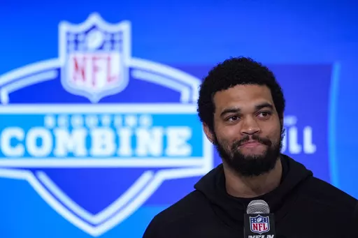 Southern California quarterback Caleb Williams speaks during a press conference at the NFL football scouting combine in Indianapolis, Friday, March 1, 2024. (AP Photo/Michael Conroy)