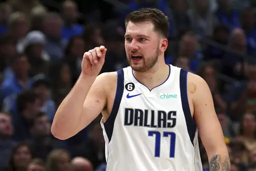 Dallas Mavericks guard Luka Doncic reacts after being called for a technical foul during the first half against the New Orleans Pelicans in an NBA basketball game on Saturday, Jan. 7, 2023, in Dallas. (AP Photo/Richard W. Rodriguez)