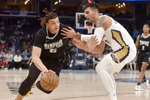 Memphis Grizzlies forward Kenneth Lofton Jr. (6) drives against New Orleans Pelicans center Willy Hernangomez in the second half of an NBA basketball game Friday, Nov. 25, 2022, in Memphis, Tenn. (AP Photo/Brandon Dill)