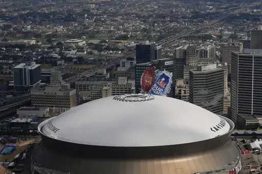 Caesars Superdome ahead of Super Bowl 59 between the Philadelphia Eagles and the Kansas City Chiefs, Saturday, Feb. 8, 2025, in New Orleans. (AP Photo/Julia Demaree Nikhinson)