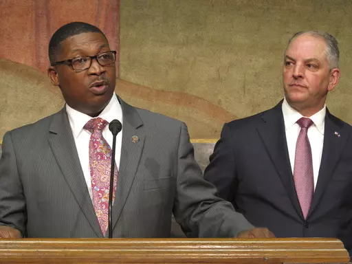 Transportation and Development Secretary Shawn Wilson, left, speaks about proposed surplus spending on roadwork as Louisiana Gov. John Bel Edwards listens, March 28, 2018, in Baton Rouge, La. Candidate registration opened Tuesday, Aug. 8, 2023, for Louisiana’s highly anticipated Oct. 14 election where there will be five vacant state office positions without an incumbent on the ballot, including the governor. Wilson qualified for the governor's race. (AP Photo/Melinda Deslatte, File)