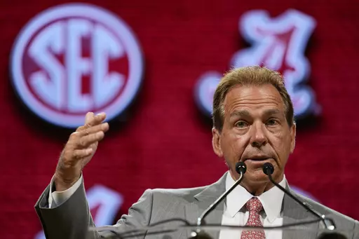Alabama head coach Nick Saban speaks during NCAA college football Southeastern Conference Media Days, Wednesday, July 19, 2023, in Nashville, Tenn. Nick Saban, the stern coach who won seven national championships and turned Alabama back into a national powerhouse that included six of those titles in just 17 seasons, is retiring, according to multiple reports, Wednesday, Jan. 10, 2024. (AP Photo/George Walker IV, File)